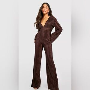 Brown sleeve wide leg jumpsuit